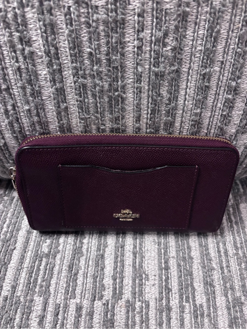 Coach Plum Leather Zip Wallet with Exterior Card Pocket and Gold Hardware